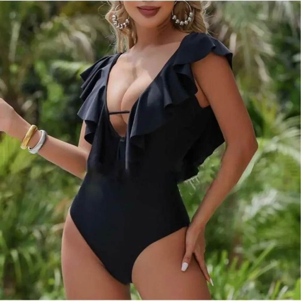 SPORLIKE Women One Piece Swimsuit V-Neck‎ Ruffle Bathing Suit Padded Monokini M